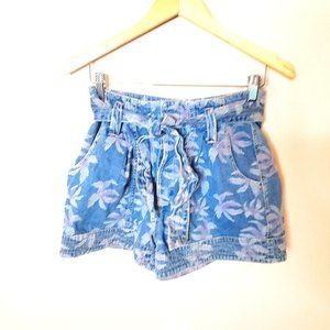 Happy X Nature blue denim floral high rise paper bag waist Shorts